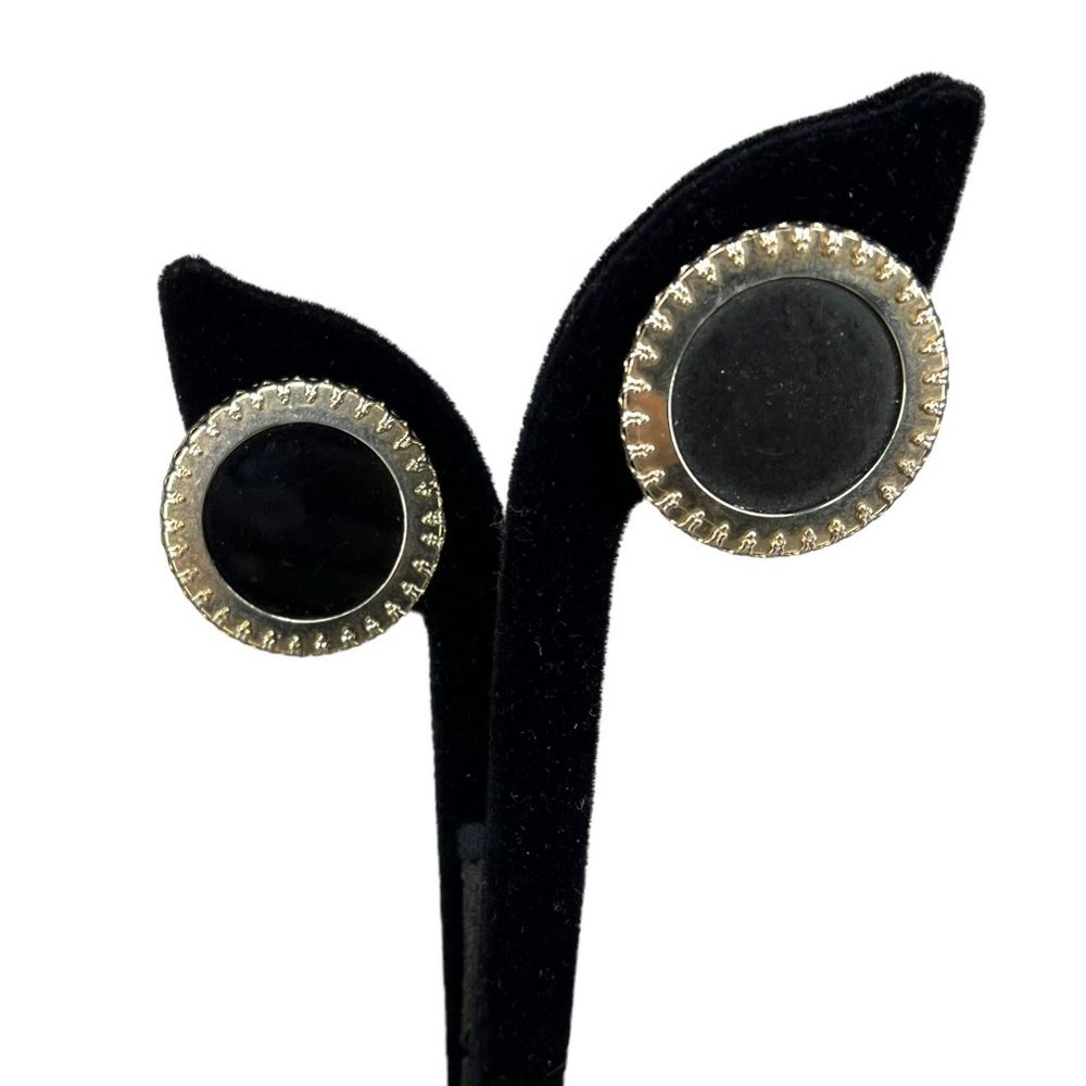 Vintage 50s Black Metal Round Disc Clip On Earrings
